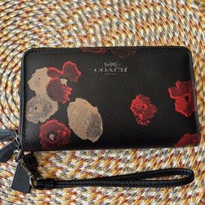 Coach Double Zip Black Leather Flowers Wallet Wristlet Preppy Girly